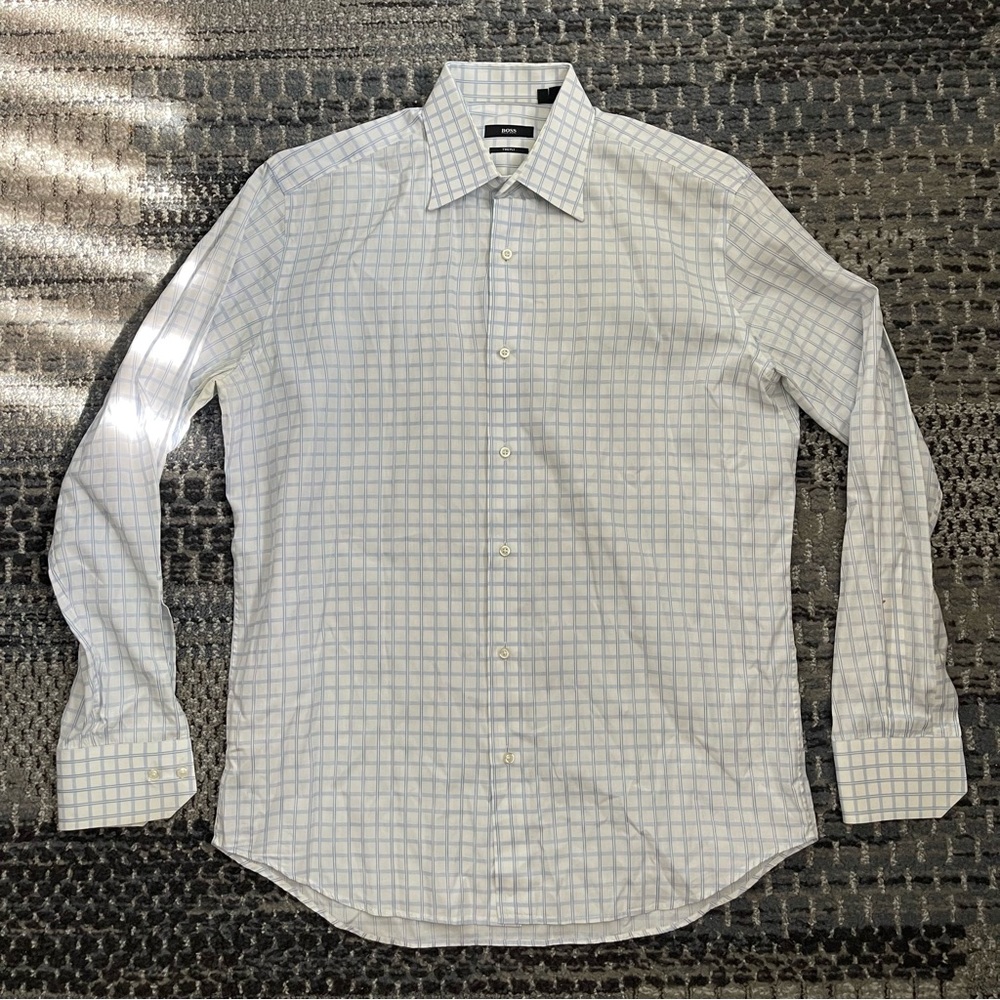 👔 Hugo Boss Mens Long Sleeve Button Down Shirt, Blue White Check, 15.5 Neck